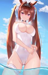 Rule 34 | 1girl, absurdres, bad id, bad pixiv id, blue sky, breasts, brown hair, casual one-piece swimsuit, cleavage, cloud, commentary request, covered navel, cowboy shot, curvy, daiwa scarlet (umamusume), day, from below, hair intakes, highleg, highleg swimsuit, highres, huge filesize, large breasts, long hair, moubokobokodayo, one-piece swimsuit, outdoors, red eyes, side-tie swimsuit, sky, soaking feet, solo, swimsuit, twintails, tying, umamusume, very long hair, wading, white one-piece swimsuit