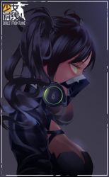 Rule 34 | 1girl, black hair, breasts, copyright name, female focus, from side, gas mask, girls&#039; frontline, glowing, glowing eyes, green eyes, grey background, highres, litra (ltr0312), mask, medium breasts, profile, scarecrow (girls&#039; frontline), solo, twintails, upper body