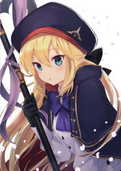 Rule 34 | 1girl, artoria caster (fate), artoria caster (second ascension) (fate), artoria pendragon (fate), blonde hair, blue headwear, blush, breasts, capelet, fate/grand order, fate (series), gloves, green eyes, holding, holding staff, itsumi mita, long hair, long sleeves, multicolored capelet, simple background, staff, white background