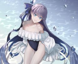 Rule 34 | 1girl, bare shoulders, blue eyes, blue ribbon, bubble, closed mouth, collarbone, cowboy shot, fate/grand order, fate (series), frilled one-piece swimsuit, frills, groin, hair between eyes, highleg, highleg swimsuit, long hair, long sleeves, looking at viewer, meltryllis, meltryllis (fate), meltryllis (swimsuit lancer) (fate), meltryllis (swimsuit lancer) (second ascension) (fate), off-shoulder one-piece swimsuit, off shoulder, one-piece swimsuit, purple hair, ribbon, smile, solo, swimsuit, torihara shuu, underwater, very long hair