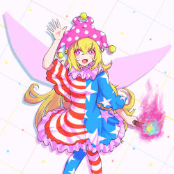 Rule 34 | 1girl, american flag dress, american flag pants, arm up, blonde hair, blush, breasts, clownpiece, commentary request, crossed bangs, dress, eyes visible through hair, fairy wings, fang, fire, hair between eyes, hand up, hat, highres, holding, holding torch, jester cap, knees together feet apart, long hair, looking to the side, looking up, medium breasts, neck ruff, open mouth, pants, pantyhose, pink eyes, pink fire, pink hat, polka dot, shadow, shokabatsuki, short sleeves, smile, solo, standing, star (symbol), star print, striped clothes, striped dress, striped pants, tongue, torch, touhou, wide sleeves, wings