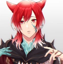 Rule 34 | 1boy, animal ears, black cape, cape, cat ears, crystal exarch, facial mark, final fantasy, final fantasy xiv, g&#039;raha tia, grey background, hair between eyes, looking at viewer, material growth, medium hair, miqo&#039;te, parted lips, red eyes, red hair, rogobo (rgb 0127), solo, upper body