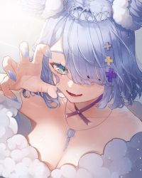 Rule 34 | 1girl, absurdres, blue hair, blue nails, bob cut, breasts, claw pose, cleavage, collarbone, elira pendora, elira pendora (2nd costume), fur trim, green eyes, hair ornament, hair over one eye, hairclip, head wings, highres, japanese clothes, jewelry, karupisusawa, key, key necklace, kimono, nail polish, necklace, nijisanji, nijisanji en, official alternate costume, one eye closed, open mouth, short hair, smile, solo, tiara, upper body, virtual youtuber, wings