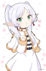 Rule 34 | 1girl, belt, belt buckle, black belt, blowing kiss, buckle, capelet, commentary request, elf, frieren, grey hair, hair over shoulder, heart, highres, long hair, long sleeves, mitya, parted bangs, pointy ears, shirt, short eyebrows, simple background, skirt, sleeves past wrists, solo, sousou no frieren, striped clothes, striped shirt, thick eyebrows, twintails, twitter username, white background, white capelet, white skirt