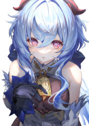 Rule 34 | 1girl, absurdres, ahoge, bare shoulders, bell, bent over, black gloves, blue hair, breasts, detached sleeves, ganyu (genshin impact), genshin impact, gloves, hair between eyes, hand on own chest, highres, horns, leaning forward, long hair, looking at viewer, medium breasts, mo (mo80 rr), neck bell, parted lips, purple eyes, sidelocks, solo, white background, white sleeves