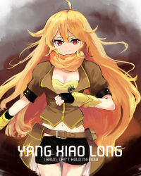 Rule 34 | 1girl, ahoge, black gloves, blonde hair, breasts, character name, cleavage, english text, engrish text, fingerless gloves, gauntlets, gloves, long hair, ranguage, red eyes, rwby, scarf, short shorts, shorts, smile, solo, typo, very long hair, wanglee417, yang xiao long