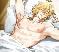 Rule 34 | 1boy, abs, armpits, arms up, artist name, bare pectorals, bed sheet, blonde hair, collarbone, earrings, eriimyon, genshin impact, hair between eyes, highres, jewelry, kaveh (genshin impact), large pectorals, looking at viewer, male focus, mole, muscular, muscular male, on bed, orange eyes, pectorals, pillow, seductive smile, smile, solo, topless male, twitter username, under covers
