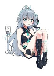 Rule 34 | 1girl, absurdres, ahoge, asymmetrical footwear, bare shoulders, black footwear, black gloves, black shirt, black shorts, blue eyes, boots, breasts, cable, closed mouth, collared shirt, copyright request, electrical outlet, fingerless gloves, gloves, grey hair, hair between eyes, highres, knee boots, knees up, long hair, looking at viewer, navel, planetary ring, shirt, short shorts, shorts, simple background, single knee boot, sitting, sleeveless, sleeveless shirt, small breasts, solo, star (symbol), syhan, very long hair, virtual youtuber, wavy mouth, white background