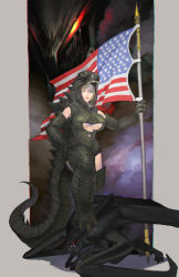 Rule 34 | 1girl, american flag, blonde hair, blue eyes, breasts, cleavage, cosplay, costume, flag, godzilla, godzilla (2014), godzilla (cosplay), godzilla (monsterverse), godzilla (series), highres, huge breasts, kaijuu, legendary pictures, looking at viewer, mask, monster, monsterverse, muto (godzilla), muto male, parted lips, smile, tail, toho, underboob, urasato