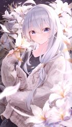 Rule 34 | 1girl, absurdres, ahoge, black shirt, black skirt, blue eyes, blurry, blurry foreground, blush, cardigan, chromatic aberration, collarbone, commentary, depth of field, elaina (majo no tabitabi), eyes visible through hair, flower, grey hair, hair between eyes, hand up, highres, holding, holding flower, lily (flower), long sleeves, looking at viewer, majo no tabitabi, minau37, parted lips, petals, redrawn, shirt, signature, skirt, sleeves past wrists, solo, white cardigan, white flower