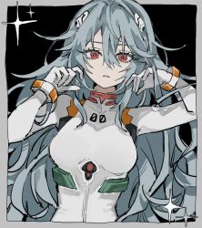 Rule 34 | 1girl, ayanami rei, black background, blue hair, bodysuit, border, breasts, evangelion: 3.0+1.0 thrice upon a time, expressionless, gloves, grey border, highres, inu totemo, long hair, looking at viewer, medium breasts, neon genesis evangelion, plugsuit, rebuild of evangelion, red eyes, solo, sparkle, very long hair, white bodysuit, white gloves