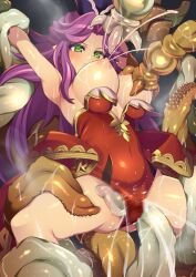 Rule 34 | 1girl, angela (seiken densetsu 3), arms up, breast sucking, breasts, breasts out, commentary request, covered navel, cum, cum in pussy, green eyes, gummyrise, highres, lactation, large breasts, leotard, long hair, nipples, purple hair, red leotard, restrained, seiken densetsu, seiken densetsu 3, solo, spread legs, tentacle sex, tentacles, vaginal