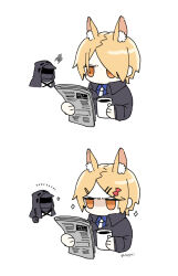 Rule 34 | 1boy, 1other, angry, animal ear fluff, animal ears, annoyed, arknights, bangs pinned back, black hood, black jacket, blonde hair, blue shirt, bow, chibi, commentary request, cup, doctor (arknights), hair bow, hair ornament, hair over one eye, hairclip, highres, holding, holding cup, holding newspaper, horse boy, horse ears, jacket, mask, mlynar (arknights), neckerchief, newspaper, orange eyes, shirt, simple background, soppos, sparkle, upper body, white background, white neckerchief