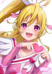 Rule 34 | 1girl, absurdres, aida mana, blonde hair, commentary, cure heart, dokidoki! precure, dress, earrings, feathers, hair ornament, hair ribbon, heart, heart earrings, heart hands, highres, jewelry, long hair, long sleeves, looking at viewer, meiruuuu., open mouth, pink dress, pink eyes, ponytail, precure, ribbon, simple background, smile, solo, upper body, white background