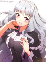 Rule 34 | 1girl, center frills, eyebrows, frills, idolmaster, idolmaster (classic), long hair, ookami maito, open mouth, purple eyes, shijou takane, silver hair, simple background, solo, twitter username, upper body, white background