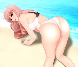 Rule 34 | 1girl, all fours, ass, back, bare arms, bare legs, bare shoulders, beach, blush, breasts, crown, fate/grand order, fate (series), from behind, groin, legs, long hair, looking back, medb (fate), medium breasts, ocean, open mouth, outdoors, red hair, sand, shiny skin, smile, solo, sweat, swimsuit, thighs, water, yadokari genpachirou, yellow eyes