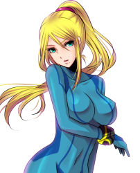 Rule 34 | 1girl, :d, aqua eyes, bad id, bad pixiv id, blonde hair, blue eyes, bodysuit, bracer, breast hold, breasts, covered erect nipples, covered navel, floating hair, gem, gloves, green eyes, hair between eyes, head tilt, high ponytail, highres, impossible bodysuit, impossible clothes, kukua (mosushi), large breasts, long hair, looking at viewer, metroid, mole, mole under mouth, navel, nintendo, open mouth, parted bangs, ponytail, samus aran, scrunchie, sidelocks, simple background, skin tight, smile, solo, super smash bros., swept bangs, turtleneck, upper body, white background, zero suit