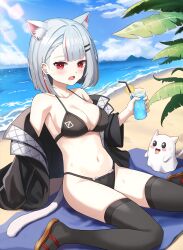 Rule 34 | 1girl, absurdres, animal ear fluff, animal ears, ataem, beach, bikini, bikini under clothes, black bikini, black jacket, blue sky, breasts, cat ears, cat girl, cat tail, clothes down, cup, day, drinking glass, extra ears, grey hair, highres, holding, holding cup, jacket, large breasts, maro (neneko mashiro), multicolored hair, navel, neneko mashiro, ocean, open clothes, open jacket, outdoors, palm leaf, red eyes, red hair, sandals, short hair, sitting, sky, stellive, stomach, streaked hair, sweat, swimsuit, tail, tongue, tongue out, two-tone hair, virtual youtuber