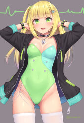 Rule 34 | :d, aqua leotard, blonde hair, blunt bangs, bracelet, breasts, cowboy shot, gluteal fold, green eyes, green leotard, greyscale, hair ornament, highres, jacket, jewelry, leotard, locket, looking at viewer, medium breasts, monochrome, open clothes, open jacket, open mouth, original, pendant, sasaame, simple background, smile, spiked bracelet, spikes, strapless, strapless leotard, thighhighs, twitter username, white thighhighs