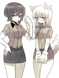 Rule 34 | 2girls, adapted uniform, animal collar, animal ears, animal hands, blouse, blush, breasts, chain, closed mouth, collar, commentary, cowboy shot, dog ears, dog girl, dog tail, femdom, frown, girls und panzer, gloves, greyscale, hand on own hip, highres, holding, holding leash, itsumi erika, kemonomimi mode, kuromorimine school uniform, leash, looking at another, looking at viewer, medium breasts, medium hair, miniskirt, monochrome, motion lines, multiple girls, nishizumi maho, paw gloves, pencil skirt, pet play, ri (qrcode), school uniform, shirt, short hair, skirt, smile, standing, tail, wing collar, yuri