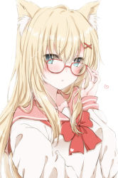 Rule 34 | 1girl, animal ear fluff, animal ears, blonde hair, blue eyes, blush, bow, breasts, collarbone, commentary request, glasses, hair between eyes, hair ornament, hairclip, hand up, heart, highres, hiro (hirohiro31), long hair, long sleeves, looking at viewer, original, pink sailor collar, red-framed eyewear, red bow, sailor collar, school uniform, serafuku, shirt, simple background, sleeves past wrists, small breasts, solo, upper body, white background, white shirt, x hair ornament