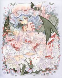 Rule 34 | 1girl, absurdres, bat (animal), bat wings, black footwear, blue hair, blush, closed mouth, coffin, commentary, cross, cup, dress, finger to mouth, frilled dress, frilled sleeves, frills, full body, hat, highres, holding, holding cup, index finger raised, kisarush, latin cross, long sleeves, looking at viewer, medium hair, mob cap, nail polish, painting (medium), petals, petticoat, pink dress, pink hat, red eyes, red nails, remilia scarlet, saucer, shoes, smile, socks, solo, teacup, touhou, traditional media, watercolor (medium), watermark, white socks, wide sleeves, wings