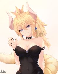 Rule 34 | 1girl, aa-aster, armlet, artist name, bare shoulders, black nails, blonde hair, blue eyes, bowsette, bracelet, breasts, cleavage, clenched teeth, collar, collarbone, covered navel, crown, earrings, highres, horns, jewelry, looking at viewer, mario (series), medium breasts, multicolored eyes, nail polish, new super mario bros. u deluxe, nintendo, pink eyes, pointy ears, smile, solo, spiked armlet, spiked bracelet, spiked collar, spikes, super crown, tail, teeth