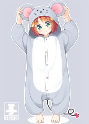 Rule 34 | 1girl, 2020, animal costume, animal ears, arms up, barefoot, blush, bow, brown hair, chinese zodiac, closed mouth, dog ears, fake animal ears, full body, green eyes, grey background, inuarashi, long sleeves, meiko (vocaloid), mouse costume, mouse ears, mouse tail, original, outline, puffy long sleeves, puffy sleeves, red bow, shadow, smile, solo, standing, tail, tail bow, tail ornament, vocaloid, white outline, year of the rat