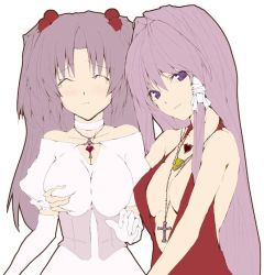 Rule 34 | 00s, 2girls, bare shoulders, grabbing another&#039;s breast, breasts, center opening, clannad, cleavage, cross, dress, elbow gloves, closed eyes, formal, fujibayashi kyou, gloves, grabbing, hair intakes, ichinose kotomi, jewelry, jpeg artifacts, latin cross, long hair, looking at viewer, multiple girls, necklace, purple eyes, purple hair, smile, tsuki yuuhi