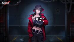Rule 34 | 1girl, black gloves, black hair, black hat, black pants, chain, closed mouth, crop top, deren (path to nowhere), earrings, floor, gloves, grey eyes, hair between eyes, hand in pocket, hat, highres, indoors, jacket, jewelry, looking at viewer, navel, necklace, official art, open clothes, open jacket, pants, paper, path to nowhere, red jacket, smile, solo, wall