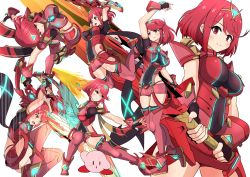 Rule 34 | 1girl, absurdres, aegis sword (xenoblade), asyura kumo, black gloves, breasts, chest jewel, earrings, fingerless gloves, gem, gloves, headpiece, highres, huge filesize, jewelry, kirby, kirby (series), large breasts, multiple views, nintendo, pyra (xenoblade), red eyes, red hair, red shorts, red thighhighs, short hair, short shorts, shorts, super smash bros., swept bangs, sword, thighhighs, tiara, weapon, xenoblade chronicles (series), xenoblade chronicles 2