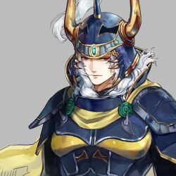Rule 34 | 1boy, armor, blue armor, blue headwear, breastplate, cape, expressionless, fake horns, final fantasy, final fantasy i, grey background, headwear request, helm, helmet, horns, knight, long hair, male focus, nini tw99, pauldrons, purple eyes, serious, shoulder armor, simple background, solo, warrior of light (ff1), wavy hair, white hair, yellow cape