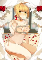 Rule 34 | 10s, 1girl, absurdres, ahoge, bare shoulders, bed, bed sheet, bell, blonde hair, blurry, blurry background, blush, bra, breasts, cat cutout, cat lingerie, cleavage, cleavage cutout, clothing cutout, collarbone, eules, eyebrows, fate/extra, fate (series), flower, frilled bra, frills, green eyes, hair intakes, hair ribbon, highres, jingle bell, meme attire, navel, nero claudius (fate), nero claudius (fate) (all), nero claudius (fate/extra), on bed, panties, petals, red flower, red ribbon, red rose, revision, ribbon, rose, rose petals, seiza, short hair, side-tie panties, sitting, solo, stomach, tareme, underwear, underwear only, white bra, white panties