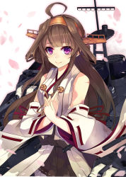 Rule 34 | 10s, 1girl, ahoge, alternate eye color, bare shoulders, brown hair, cherry blossoms, detached sleeves, double bun, hairband, headgear, jewelry, kantai collection, kongou (kancolle), kongou kai ni (kancolle), long hair, looking at viewer, machinery, nontraditional miko, own hands together, purple eyes, ribbon-trimmed sleeves, ribbon trim, ring, shirokitsune, skirt, smile, solo, wedding band, white background, wide sleeves