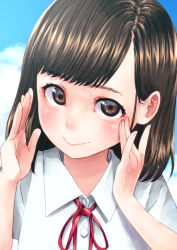 Rule 34 | 1girl, blue sky, blunt bangs, blush, bob cut, brown eyes, brown hair, closed mouth, cloud, cloudy sky, collared shirt, commentary request, day, highres, looking at viewer, neck ribbon, original, ouhashi (yumenosukima), outdoors, red ribbon, ribbon, school uniform, shirt, short hair, short sleeves, sky, smile, solo, white shirt