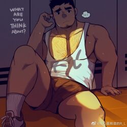 Rule 34 | ..., 1boy, bara, beard, black hair, brown shorts, chest hair, english text, facial hair, feet out of frame, finger to face, frown, furrowed brow, goatee, large pectorals, locker, locker room, male focus, muscular, muscular male, original, pectoral cleavage, pectorals, r.l (2089184064), short hair, shorts, sideburns, sidepec, sitting, socks, solo, sweat, thick eyebrows, thick thighs, thighs, topless male, window shadow