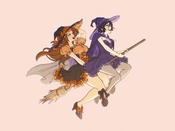 Rule 34 | 2girls, alternate costume, bare arms, black footwear, black hair, black headwear, bleach, blush, bow, breasts, broom, broom riding, brown hair, cape, dress, footwear bow, frilled dress, frills, full body, grey cape, grey pantyhose, hair between eyes, halloween, halloween costume, hat, hat bow, high heels, highres, holding, holding clothes, holding hat, inoue orihime, kuchiki rukia, large breasts, long hair, medium breasts, multiple girls, open mouth, orange dress, pantyhose, parted bangs, pink background, puffy short sleeves, puffy sleeves, purple cape, purple dress, purple headwear, short hair, short sleeves, smile, teatimebanter, teeth, upper teeth only, witch, witch hat