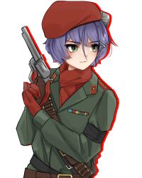 Rule 34 | 1girl, :3, absurdres, bandolier, belt, belt buckle, beret, brown belt, buckle, closed mouth, collar tabs, commentary, english commentary, epaulettes, gloves, grey eyes, grey jacket, gun, hair between eyes, hair ornament, handgun, hat, highres, holding, holding gun, holding weapon, indie virtual youtuber, jacket, jean faymas (artist), jean faymas (vtuber), lapels, long sleeves, military jacket, purple hair, red gloves, red hat, red scarf, revolver, ribbon bar, scarf, short hair, shoulder strap, simple background, solo, tsurime, upper body, virtual youtuber, wavy mouth, weapon, white background, x hair ornament
