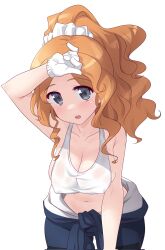 Rule 34 | 1girl, blue eyes, blush, breasts, cleavage, collarbone, corrupted twitter file, girls und panzer, hair ornament, hair scrunchie, highres, isabe (girls und panzer), kuzuryuu kennosuke, large breasts, long hair, looking at viewer, navel, open mouth, orange hair, scrunchie, shirt, simple background, smile, solo, sweat, tank top, wet, wet clothes, wet shirt, white background, white tank top