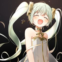 Rule 34 | 1girl, aqua hair, bare shoulders, black background, chest tattoo, collar, commentary, diffraction spikes, dress, closed eyes, facing viewer, gold, gold trim, hair ornament, hatsune miku, long hair, miku symphony (vocaloid), neck ribbon, open mouth, ribbon, signature, sleeveless, sleeveless dress, smile, sparkle, symbol-only commentary, tattoo, upper body, very long hair, vocaloid, white dress, yalmyu