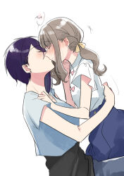 Rule 34 | 2girls, asymmetrical hair, ayukawa hinami, blue shirt, blue skirt, blunt bangs, blush, braid, brown hair, closed eyes, closed mouth, collared shirt, commentary request, cowboy shot, dutch angle, ear blush, earrings, french braid, hand on another&#039;s cheek, hand on another&#039;s face, hand on another&#039;s shoulder, hand on another&#039;s waist, highres, hiiragi shiki, ikemen sugi desu shiki-senpai!, jewelry, kiss, long hair, looking at another, low-tied long hair, medium hair, multiple girls, partial commentary, purple hair, shirt, short sleeves, sidelocks, simple background, skirt, stud earrings, translated, white background, white shirt, yuama (drop), yuri