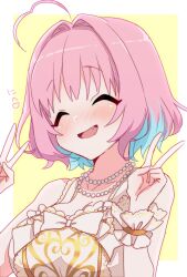 Rule 34 | 1girl, ahoge, bare shoulders, blush, breasts, cleavage, closed eyes, collarbone, commentary, double v, dress, fang, hair intakes, hands up, highres, idolmaster, idolmaster cinderella girls, jewelry, large breasts, multicolored hair, necklace, open mouth, pearl necklace, pink hair, simple background, sleeveless, sleeveless dress, smile, solo, sukoyaka (100hituzi), two-tone hair, upper body, v, white dress, yellow background, yellow dress, yumemi riamu
