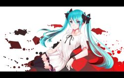 Rule 34 | 1girl, alternate costume, aqua eyes, aqua hair, bad id, bad pixiv id, black thighhighs, bow, bracelet, cpeilad, hair bow, haori io, hatsune miku, jewelry, letterboxed, long hair, looking at viewer, smile, solo, thighhighs, twintails, vocaloid, white background, world is mine (vocaloid)