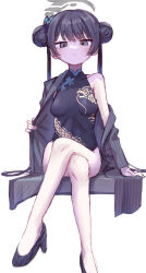 Rule 34 | 1girl, absurdres, black dress, black hair, black jacket, blue archive, breasts, butterfly hair ornament, china dress, chinese clothes, crossed legs, double bun, dragon print, dress, grey eyes, hair bun, hair ornament, halo, high heels, highres, jacket, kisaki (blue archive), long hair, looking at viewer, off shoulder, pinstripe jacket, pinstripe pattern, print dress, small breasts, solo, striped, take-run-atelier, twintails
