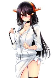 Rule 34 | 10s, 1girl, bad id, bad nicoseiga id, black hair, blush, breasts, cowboy shot, hair ornament, hairclip, haruna (kancolle), headgear, highres, holding, jewelry, kantai collection, medium breasts, notepad, ring, simple background, smile, solo, tsukui kachou, wedding band, white background