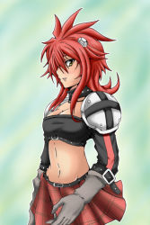 Rule 34 | 10s, armor, breasts, cardfight!! vanguard, cleavage, gloves, gold paladin, looking at viewer, lowres, midriff, miniskirt, player of the holy axe nimue, red hair, skirt, strapless, tube top, yellow eyes