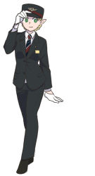 Rule 34 | 1girl, adjusting clothes, adjusting headwear, arm at side, black hat, black pants, black suit, blonde hair, braid, collared shirt, contemporary, dungeon meshi, elf, formal, full body, gloves, green eyes, hand on headwear, hand up, hat, id card, kuntama11, long sleeves, looking at viewer, marcille donato, necktie, pants, pointy ears, shirt, shoes, simple background, smile, striped necktie, suit, two-tone necktie, updo, walking, white background, white gloves, white shirt