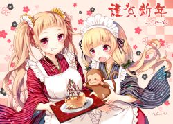 Rule 34 | &gt; &lt;, 2girls, :3, apron, bad id, bad pixiv id, blonde hair, cake, closed eyes, fang, food, grin, happy new year, japanese clothes, kimono, long hair, long sleeves, looking at viewer, low twintails, maid, maid apron, maid headdress, md5 mismatch, monkey, multiple girls, new year, nunucco, open mouth, original, red eyes, scrunchie, smile, tray, twintails, very long hair, wa maid, wide sleeves
