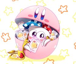 Rule 34 | 1boy, blush, candy, candy wrapper, capsule, claws, commentary request, fang, food, food in mouth, gashapon, hallons kabo, hat, heart, highres, jester cap, kirby, kirby (series), looking at viewer, male focus, marx (kirby), nintendo, no humans, purple eyes, shadow, smile, solo, star (symbol), wings, yellow wings