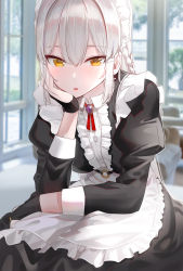 Rule 34 | 1girl, apron, black gloves, blush, braid, breasts, commentary request, gloves, hand on own chin, highres, kfr, long hair, maid, maid apron, maid headdress, medium breasts, original, partially fingerless gloves, solo, white hair, window, yellow eyes